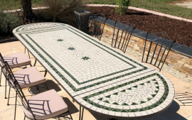 Table jardin mosaïque en fer forgé Table jardin mosaique rectangle 200cm Céramique Blanche 2 lignes et ses 3 étoiles en Céramique Verte
