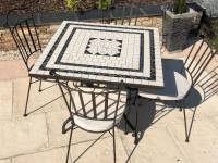 Table jardin mosaïque en fer forgé Table jardin mosaique ovale 200cm (table carrée plus consoles) Céramique blanche 3 cercles  Ardoise