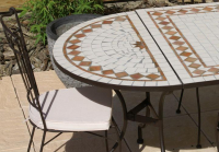 Table jardin mosaïque en fer forgé Table jardin mosaique ovale 300cm (table rectangle plus consoles) Céramique Blanche et ses losange, 3 étoiles Argile cuite