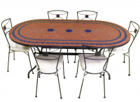 Table jardin mosaïque en fer forgé Table jardin mosaique ovale 200cm Terre cuite 2 cercles et 3 étoiles Céramique Bleue