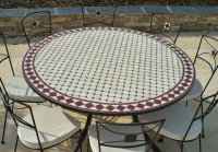 Table jardin mosaïque en fer forgé Table jardin mosaique ronde 150cm Blanc losange céramique Rouge