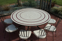 Table jardin mosaïque en fer forgé Table jardin mosaique ronde 150cm Blanc 3 cercles  Céramique Rouge