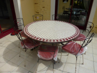 Table jardin mosaïque en fer forgé Table jardin mosaique ronde 150cm Blanc losange céramique Rouge
