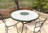 Table jardin mosaïque en fer forgé Table jardin mosaique ronde 110cm Céramique blanche Soleil Vert