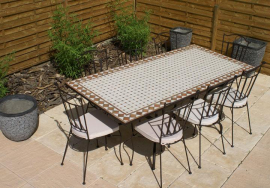 Table jardin mosaïque en fer forgé Table jardin mosaique rectangle 200cm Céramique Blanche et ses losanges  en Argile cuite