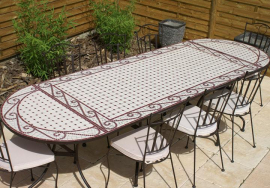 Table jardin mosaïque en fer forgé Table jardin mosaique rectangle 200cm Céramique Blanche et ses Arabesques  en Céramique Rouge