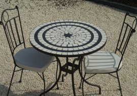 Table jardin mosaïque en fer forgé Table jardin mosaique ronde 80cm Céramique blanche 2 Lignes 1 étoile Ardoise