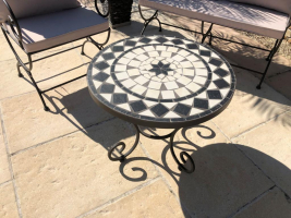 Table jardin mosaïque en fer forgé Table jardin mosaique ronde 60cm Céramique blanche Losange 1 étoile Ardoise