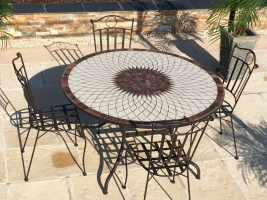 Table jardin mosaïque en fer forgé Table jardin mosaique ronde 110cm Céramique blanche Soleil Argile