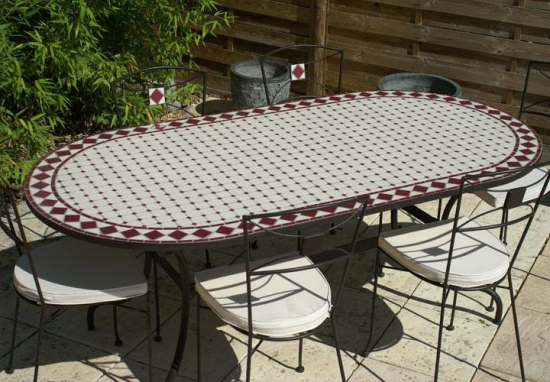 Table jardin mosaïque en fer forgé Table jardin mosaique ovale 200cm Céramique blanche et losanges en Céramique Rouge