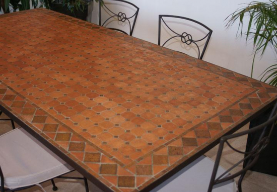 Table jardin mosaïque en fer forgé Table jardin mosaique rectangle 140cm en Terre cuite Losanges Argile cuite