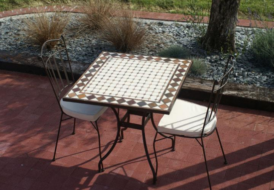 Table jardin mosaïque en fer forgé Table jardin mosaique carrée 80cm x 80 cm Céramique blanches ses losange en  Argile
