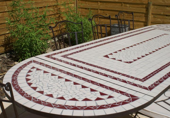 Table jardin mosaïque en fer forgé Table jardin mosaique ovale 300cm (table rectangle plus consoles) Céramique Blanche 3 lignes en Céramique Rouge