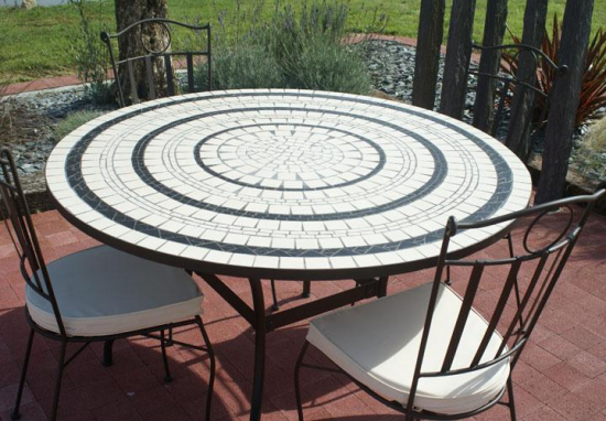 Table jardin mosaïque en fer forgé Table jardin mosaique ronde 130cm Céramique blanche 3 cercles Ardoise