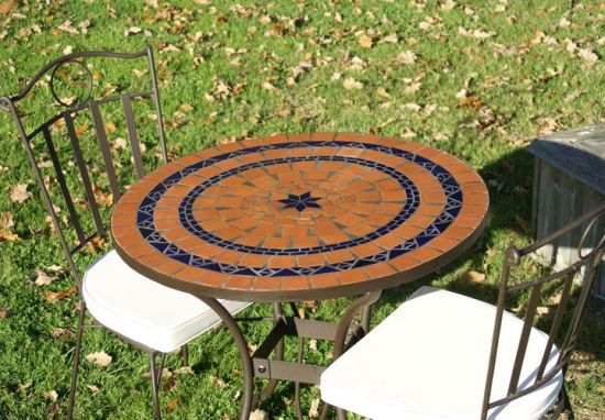 Table jardin mosaïque en fer forgé Table jardin mosaique ronde 80cm en Terre cuite 2 Lignes 1 étoile en Céramique Bleue