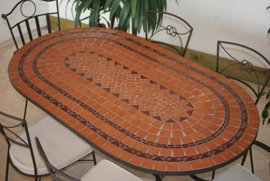 Table jardin mosaïque en fer forgé Table jardin mosaique ovale 200cm Terre cuite 3 lignes céramique Rouge