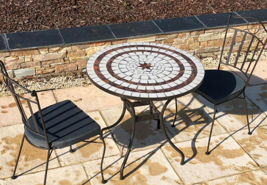 Table jardin mosaïque en fer forgé Table jardin mosaique ronde 80cm Céramique blanche 2 Lignes 1 étoile Argile Cuite