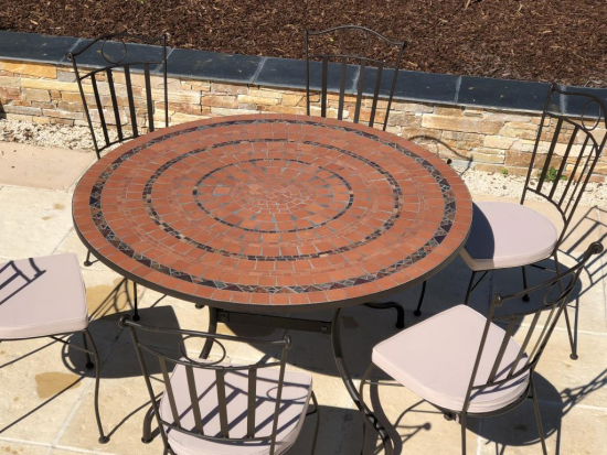 Table jardin mosaïque en fer forgé Table jardin mosaique ronde 130cm Terre cuite 3 cercles Argile cuite