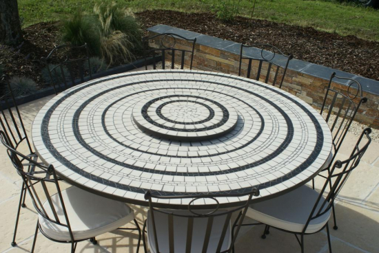 Table jardin mosaïque en fer forgé Table jardin mosaique ronde 150cm Blanc 3 cercles  Ardoise cuite AVEC SON PLATEAU TOURNANT