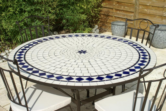 Table jardin mosaïque en fer forgé Table jardin mosaique ronde 150cm Blanc losange 1 étoile céramique Bleu