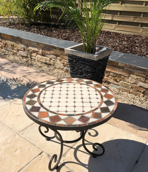 Table jardin mosaïque en fer forgé Table jardin mosaique ronde 60cm Céramique blanche losange  Argile