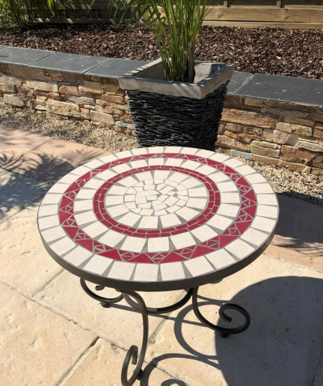 Table jardin mosaïque en fer forgé Table jardin mosaique ronde 60cm Céramique blanche 2 lignes Céramique Rouge